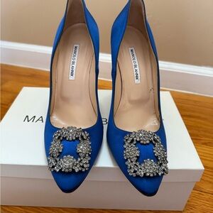 Manolo Blahnik Royal Blue Satin Pointed-Toe Pumps with Crystal Buckles